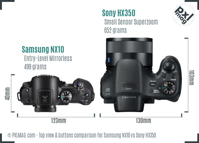 Samsung NX10 vs Sony HX350 top view buttons comparison Samsung NX10 vs Sony HX350 top view buttons comparison