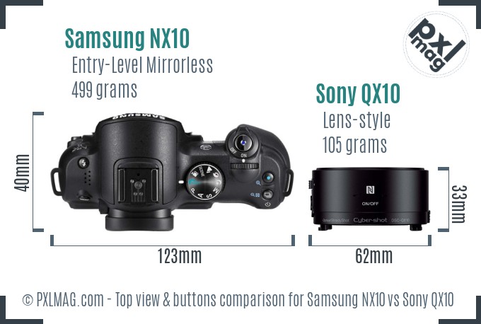 Samsung NX10 vs Sony QX10 top view buttons comparison