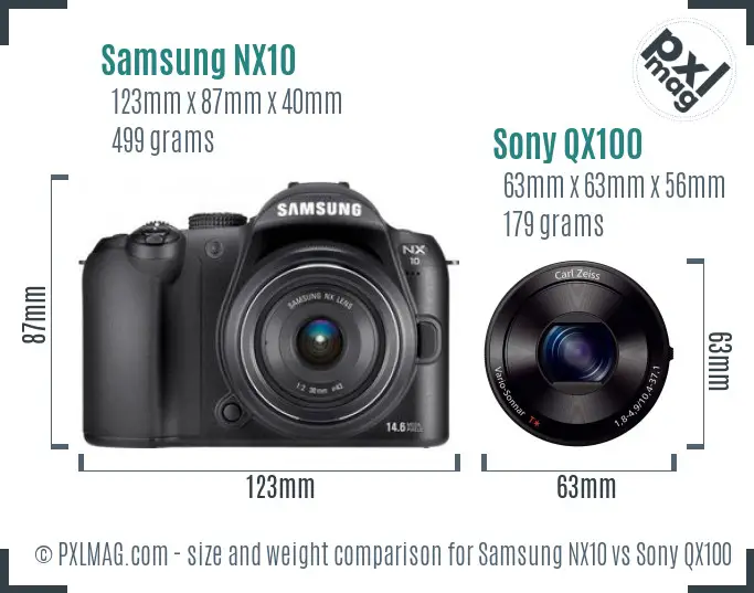Samsung NX10 vs Sony QX100 size comparison