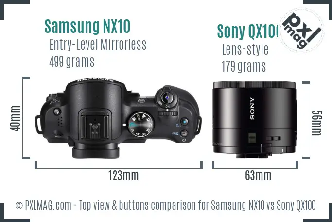 Samsung NX10 vs Sony QX100 top view buttons comparison