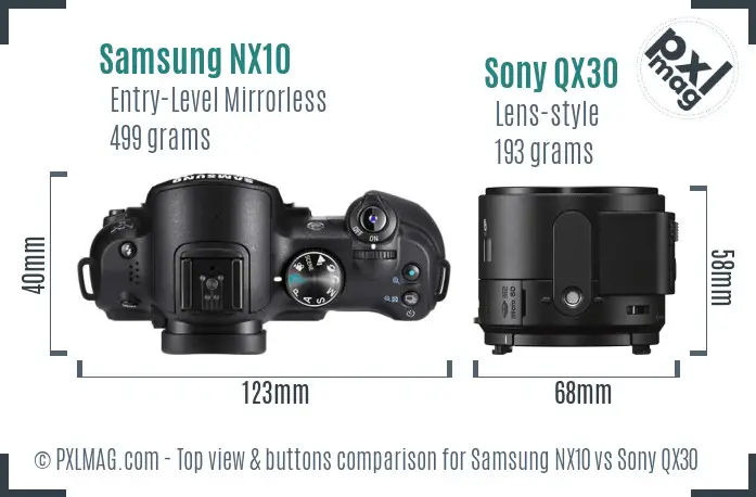 Samsung NX10 vs Sony QX30 top view buttons comparison