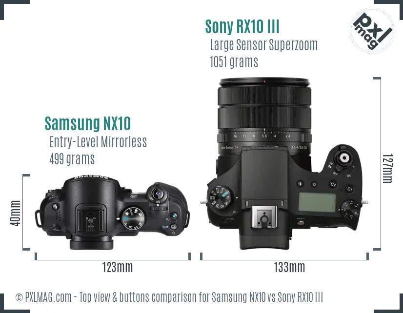 Samsung NX10 vs Sony RX10 III top view buttons comparison