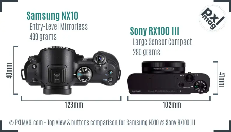 Samsung NX10 vs Sony RX100 III top view buttons comparison