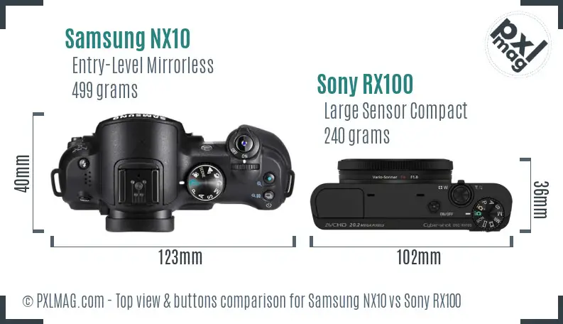 Samsung NX10 vs Sony RX100 top view buttons comparison