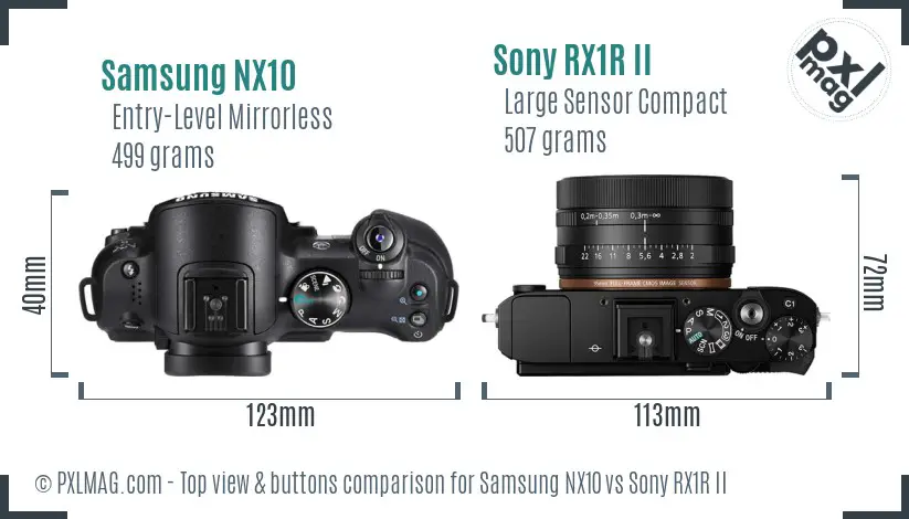 Samsung NX10 vs Sony RX1R II top view buttons comparison