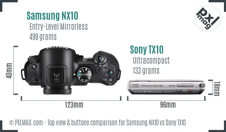 Samsung NX10 vs Sony TX10 top view buttons comparison