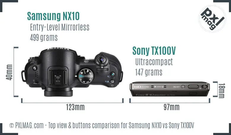 Samsung NX10 vs Sony TX100V top view buttons comparison