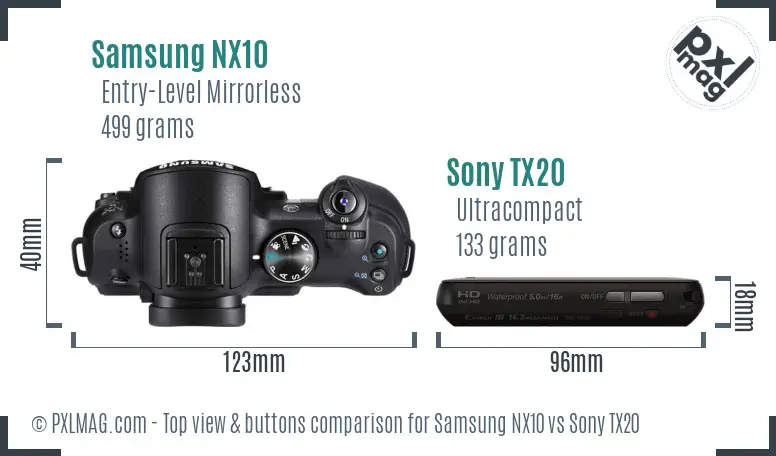 Samsung NX10 vs Sony TX20 top view buttons comparison