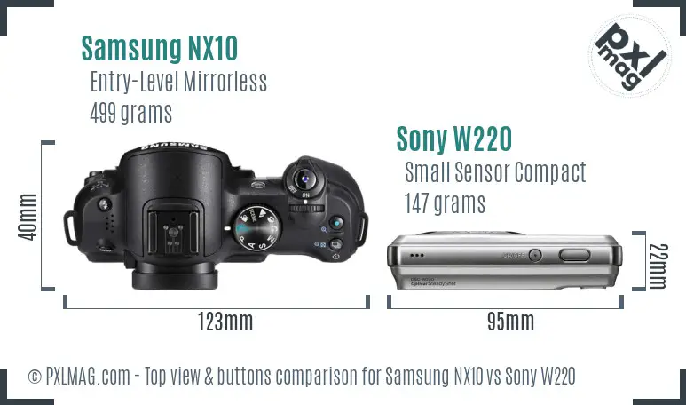 Samsung NX10 vs Sony W220 top view buttons comparison