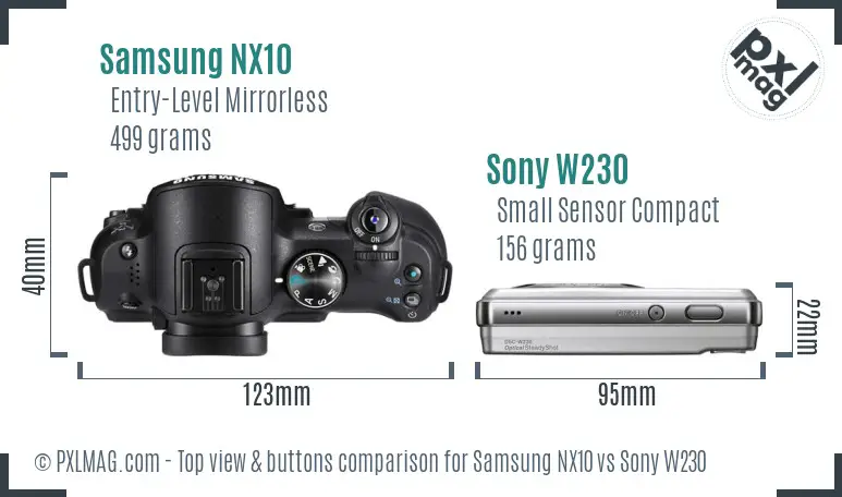Samsung NX10 vs Sony W230 top view buttons comparison