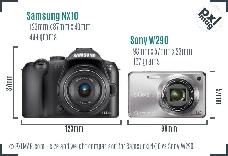 Samsung NX10 vs Sony W290 size comparison