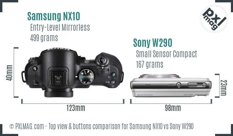 Samsung NX10 vs Sony W290 top view buttons comparison