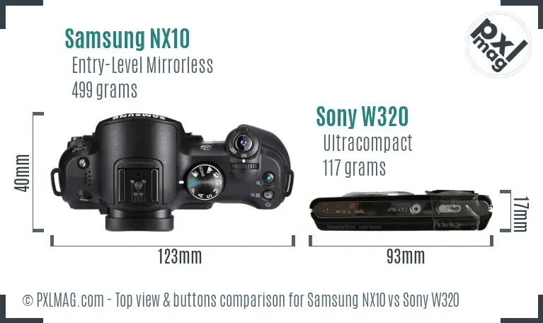 Samsung NX10 vs Sony W320 top view buttons comparison