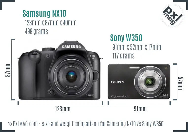 Samsung NX10 vs Sony W350 size comparison