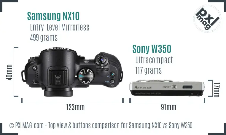 Samsung NX10 vs Sony W350 top view buttons comparison