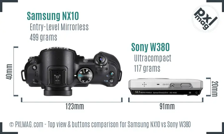 Samsung NX10 vs Sony W380 top view buttons comparison