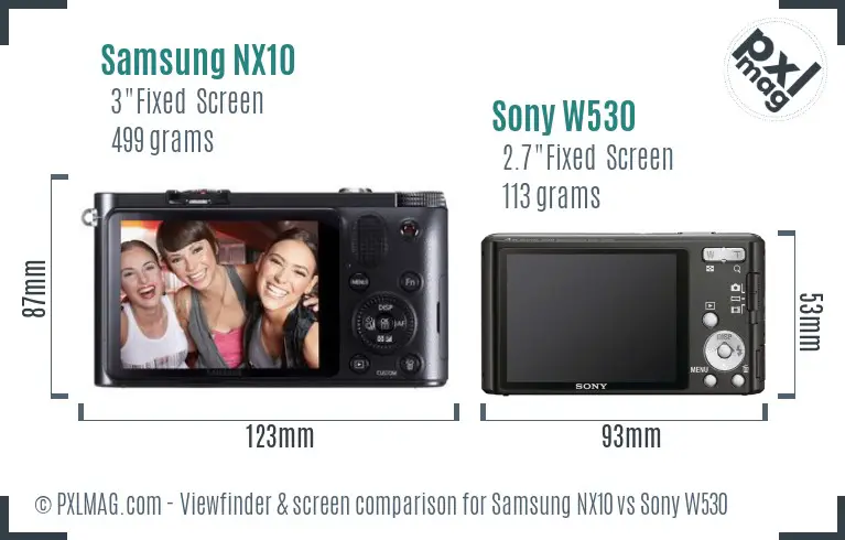 Samsung NX10 vs Sony W530 Screen and Viewfinder comparison