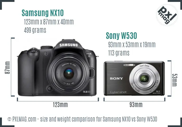 Samsung NX10 vs Sony W530 size comparison
