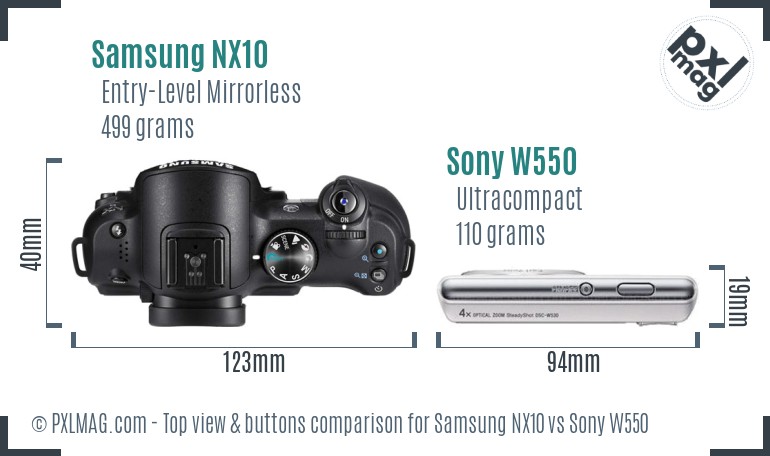 Samsung NX10 vs Sony W550 top view buttons comparison