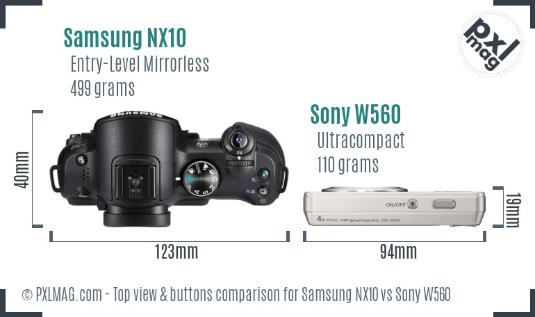 Samsung NX10 vs Sony W560 top view buttons comparison