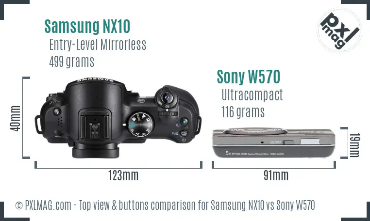 Samsung NX10 vs Sony W570 top view buttons comparison