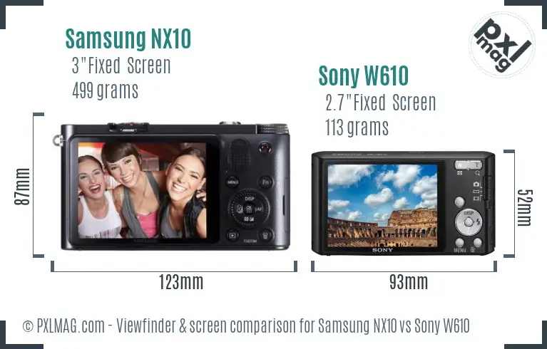 Samsung NX10 vs Sony W610 Screen and Viewfinder comparison