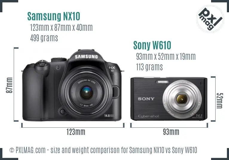 Samsung NX10 vs Sony W610 size comparison