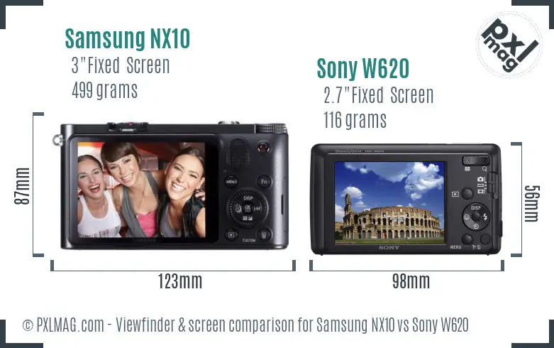 Samsung NX10 vs Sony W620 Screen and Viewfinder comparison