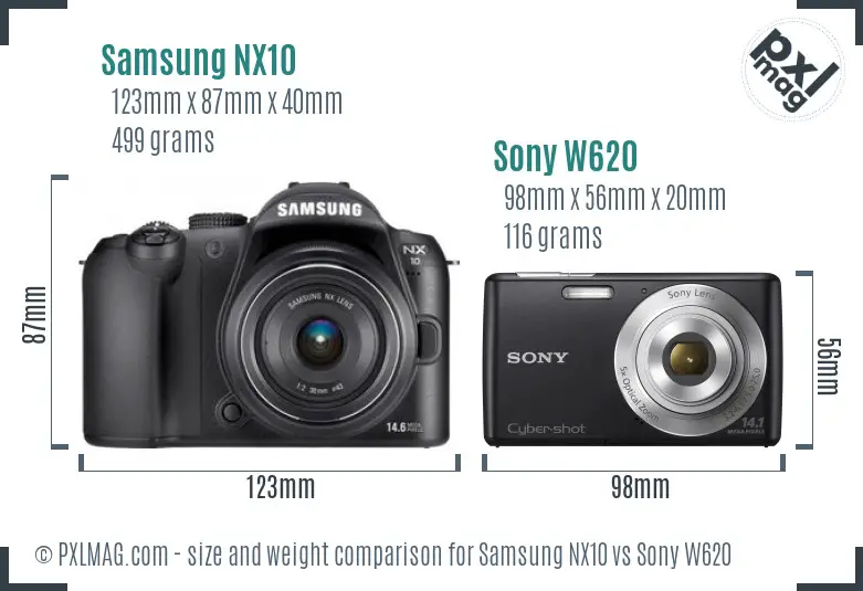 Samsung NX10 vs Sony W620 size comparison