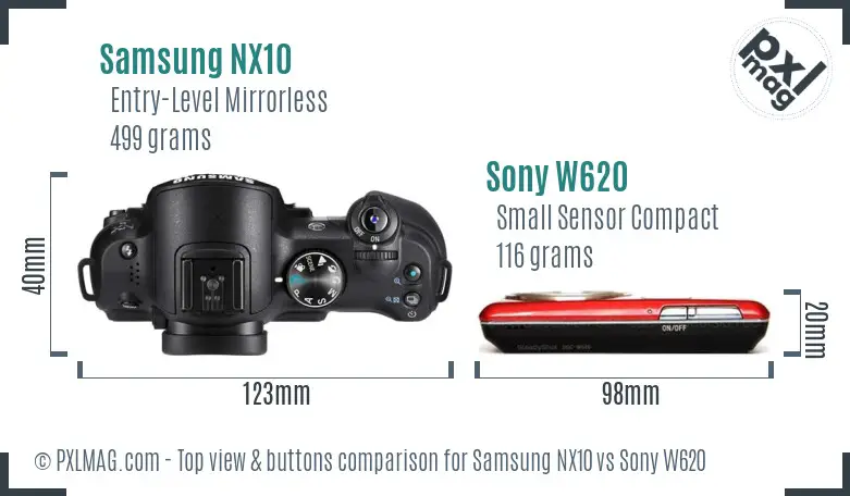 Samsung NX10 vs Sony W620 top view buttons comparison