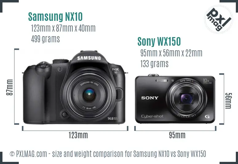 Samsung NX10 vs Sony WX150 size comparison
