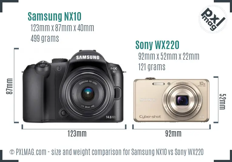Samsung NX10 vs Sony WX220 size comparison