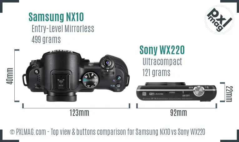 Samsung NX10 vs Sony WX220 top view buttons comparison
