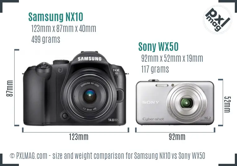 Samsung NX10 vs Sony WX50 size comparison