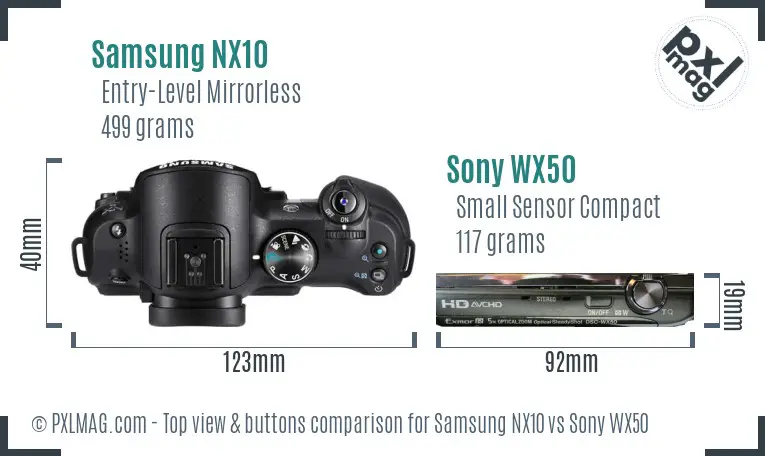 Samsung NX10 vs Sony WX50 top view buttons comparison