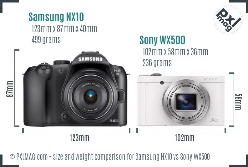 Samsung NX10 vs Sony WX500 size comparison