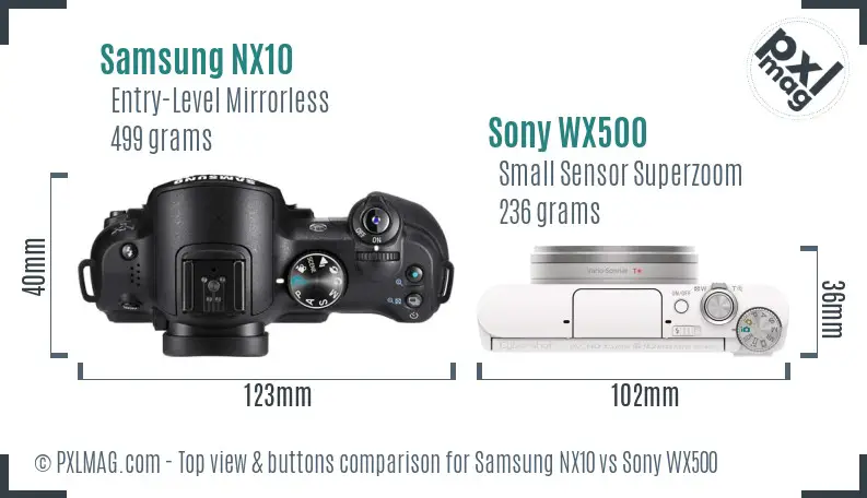 Samsung NX10 vs Sony WX500 top view buttons comparison