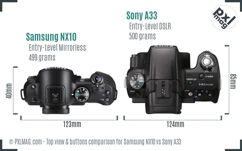 Samsung NX10 vs Sony A33 top view buttons comparison