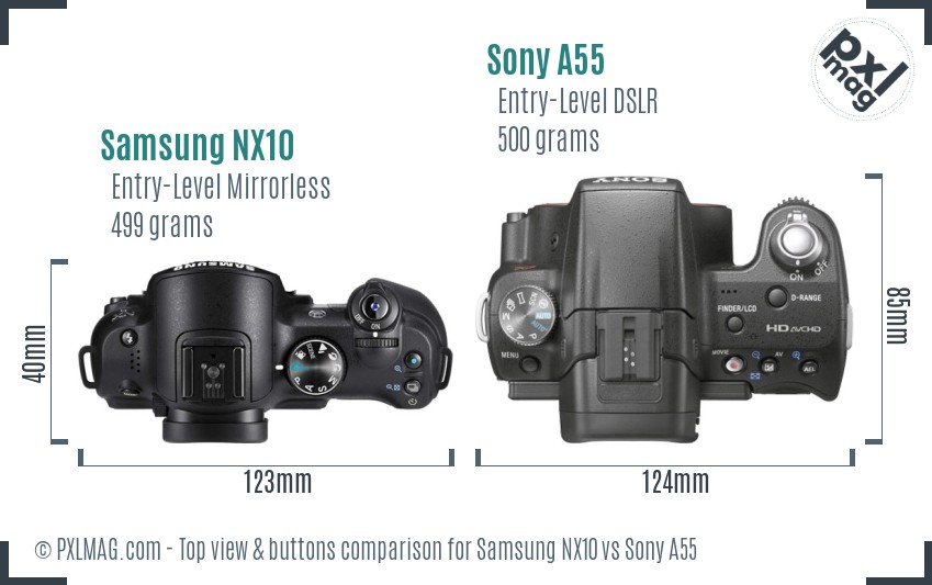 Samsung NX10 vs Sony A55 top view buttons comparison