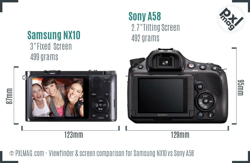 Samsung NX10 vs Sony A58 Screen and Viewfinder comparison