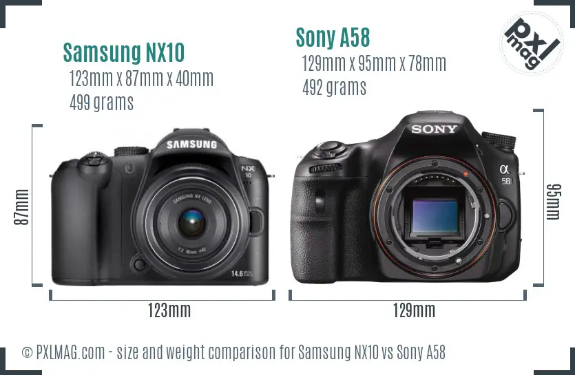 Samsung NX10 vs Sony A58 size comparison