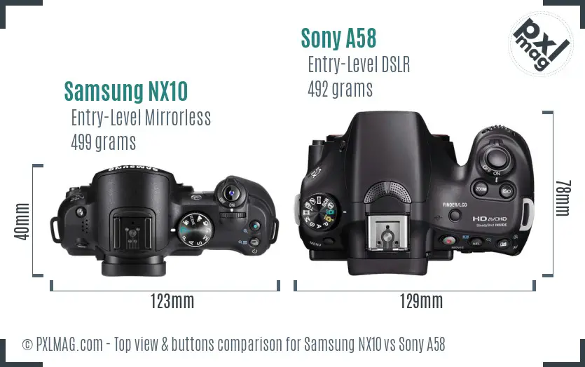 Samsung NX10 vs Sony A58 top view buttons comparison