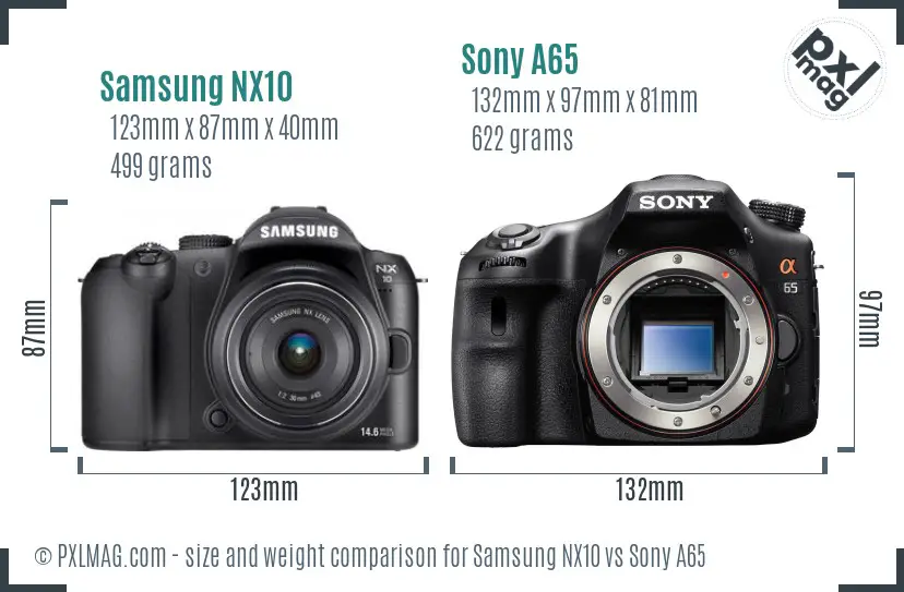 Samsung NX10 vs Sony A65 size comparison
