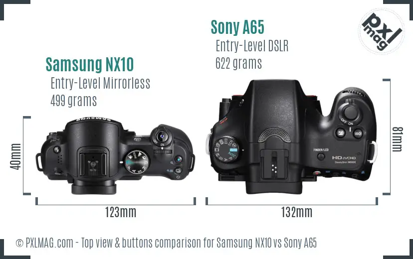 Samsung NX10 vs Sony A65 top view buttons comparison