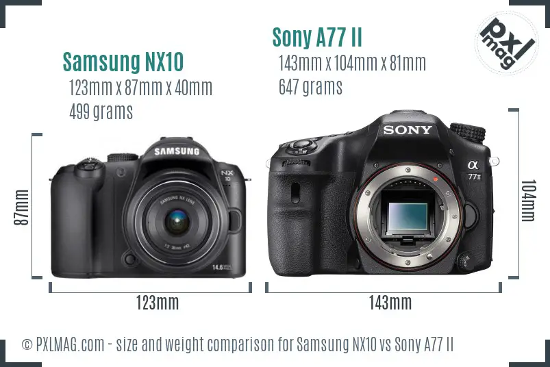 Samsung NX10 vs Sony A77 II size comparison