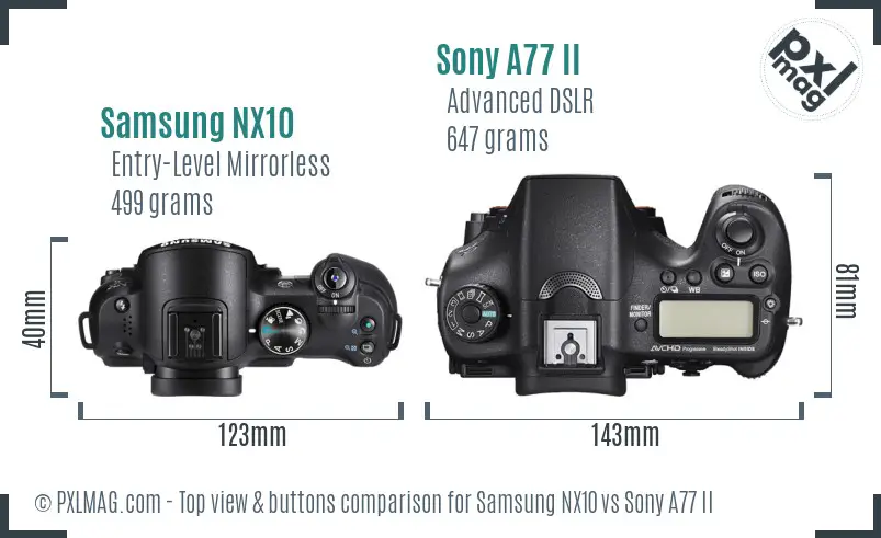Samsung NX10 vs Sony A77 II top view buttons comparison