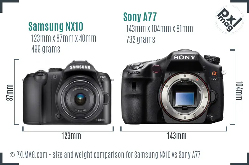 Samsung NX10 vs Sony A77 size comparison