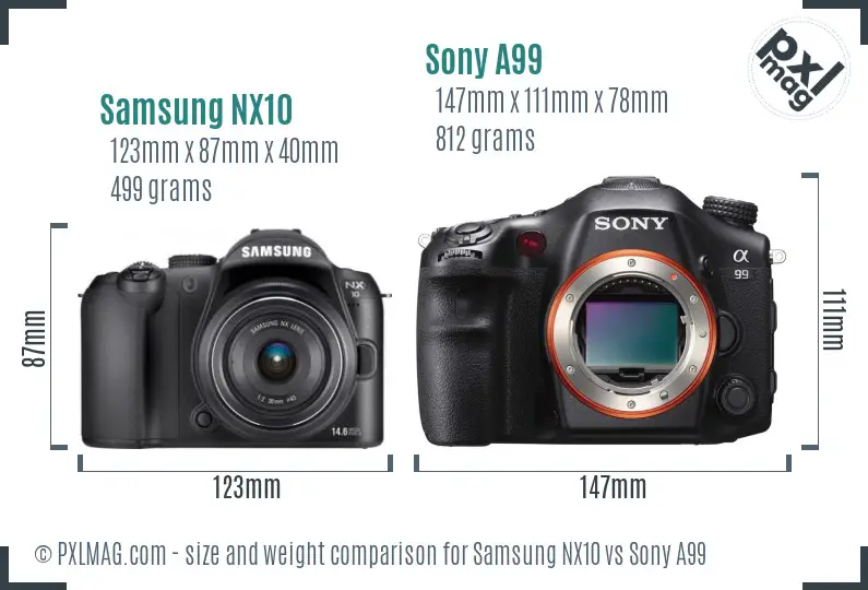 Samsung NX10 vs Sony A99 size comparison