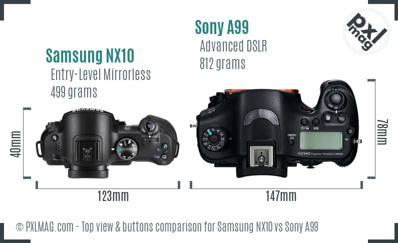 Samsung NX10 vs Sony A99 top view buttons comparison