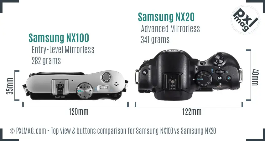 Samsung NX100 vs Samsung NX20 top view buttons comparison
